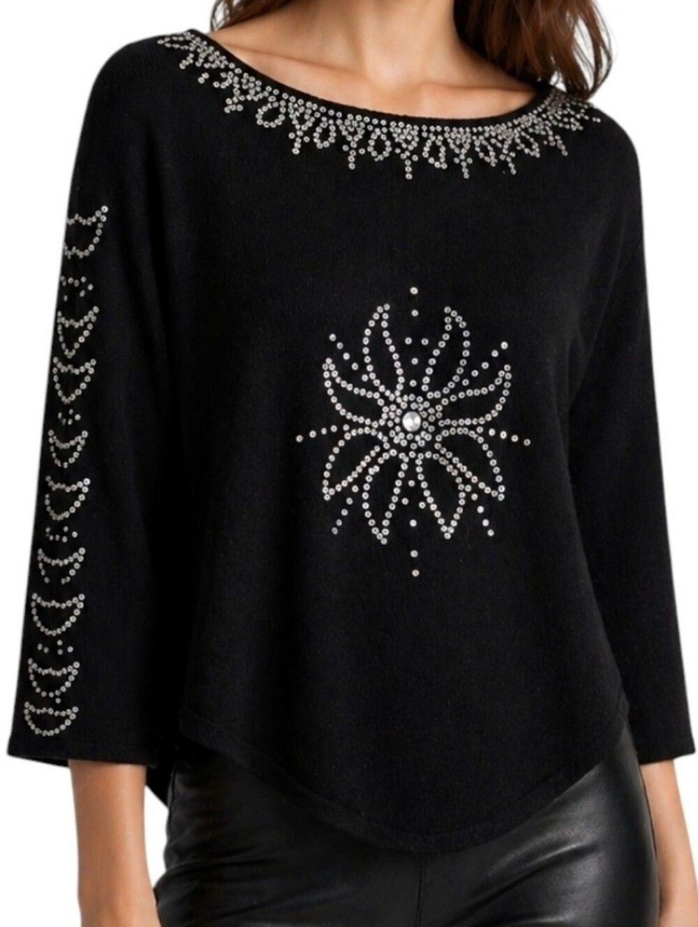 Central Park West Cashmere Silk Sweater Women Medium Y2K Black Sequin Asymmetric
